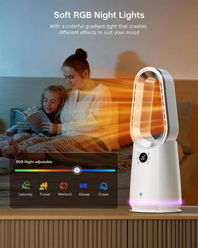 Alt view image 6 of 7 - Space Heater, Portable Electric Heaters and Cooler Fan Combo with Remote, 80°Oscillation, 9 Speeds, 3 Modes, 8 Timer, 6 Colors LED Light, Fast Safety Heat and Quiet for Office Bedroom Home