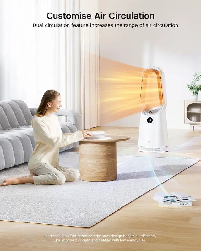 Alt view image 7 of 7 - Space Heater, Portable Electric Heaters and Cooler Fan Combo with Remote, 80°Oscillation, 9 Speeds, 3 Modes, 8 Timer, 6 Colors LED Light, Fast Safety Heat and Quiet for Office Bedroom Home