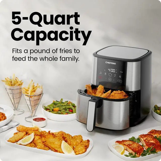 Alt view image 3 of 7 - TurboFry Touch Air Fryer, Large 5-Quart Family Size, One Touch Digital Control Presets, French Fries, Chicken, Meat, Fish, Nonstick Dishwasher-Safe Parts, Automatic Shutoff, Stainless Steel