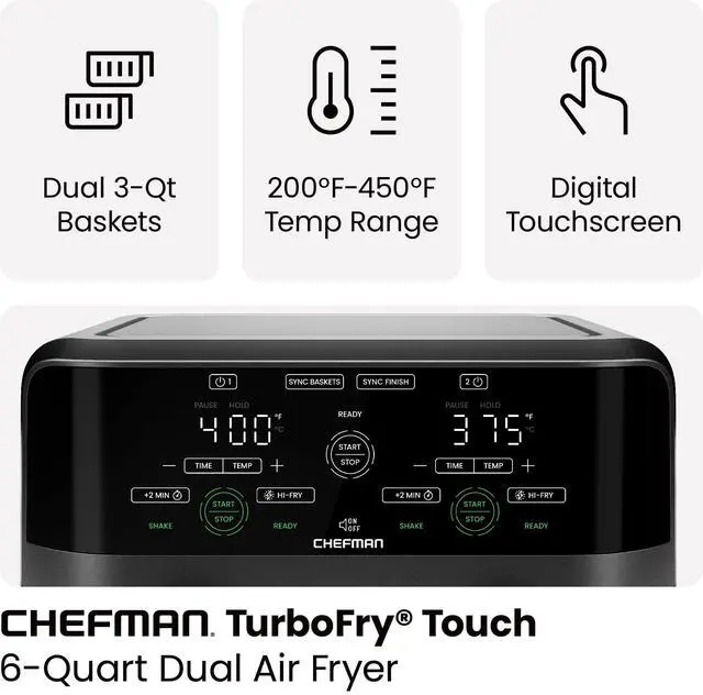 Alt view image 4 of 7 - 6 Quart Dual Basket Air Fryer - Digital Touchscreen, Smart Sync Finish, Hi-Fry, Auto Shutoff, 2 Independent 3QT Nonstick Dishwasher-Safe Frying Baskets - Digital Double Air Fryer - Black