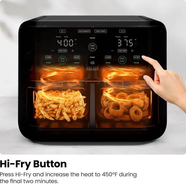 Alt view image 6 of 7 - 6 Quart Dual Basket Air Fryer - Digital Touchscreen, Smart Sync Finish, Hi-Fry, Auto Shutoff, 2 Independent 3QT Nonstick Dishwasher-Safe Frying Baskets - Digital Double Air Fryer - Black