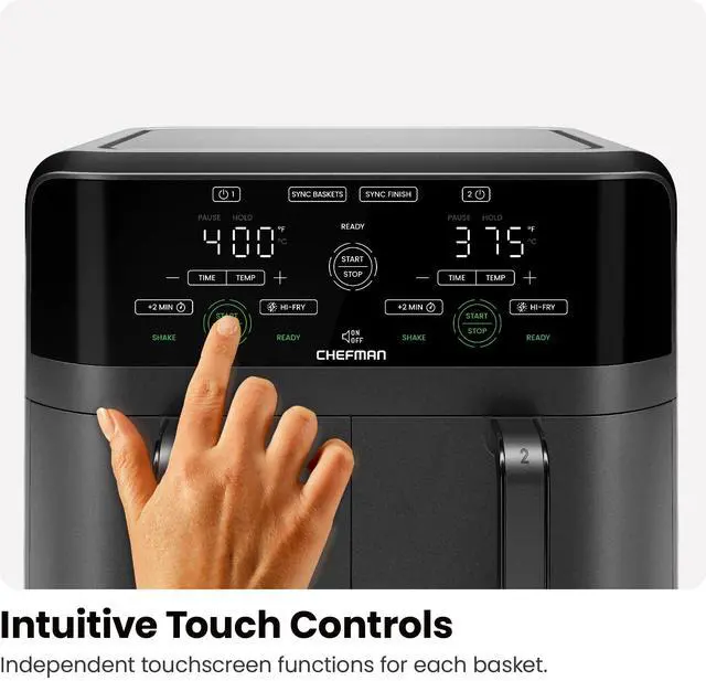 Alt view image 7 of 7 - 6 Quart Dual Basket Air Fryer - Digital Touchscreen, Smart Sync Finish, Hi-Fry, Auto Shutoff, 2 Independent 3QT Nonstick Dishwasher-Safe Frying Baskets - Digital Double Air Fryer - Black