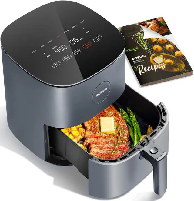 Main image of Air Fryer Pro 9-in-1, Compact 5QT, 450: Half Time & Chef-Grade Cook, One-Wipe Clean Glass Panel, 130+ In-App Recipes with Nutritional Info, Nonstick & Dishwasher-Safe Basket, Ceramic, Gray