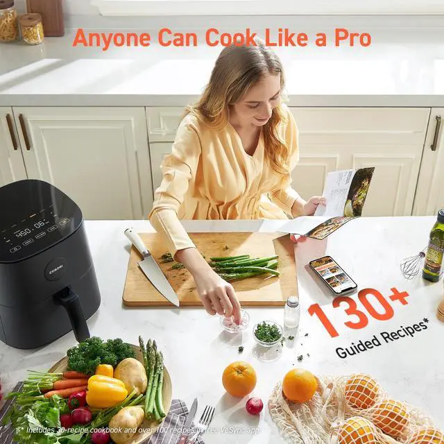 Alt view image 6 of 7 - Air Fryer Pro 9-in-1, Compact 5QT, 450: Half Time & Chef-Grade Cook, One-Wipe Clean Glass Panel, 130+ In-App Recipes with Nutritional Info, Nonstick & Dishwasher-Safe Basket, Ceramic, Gray