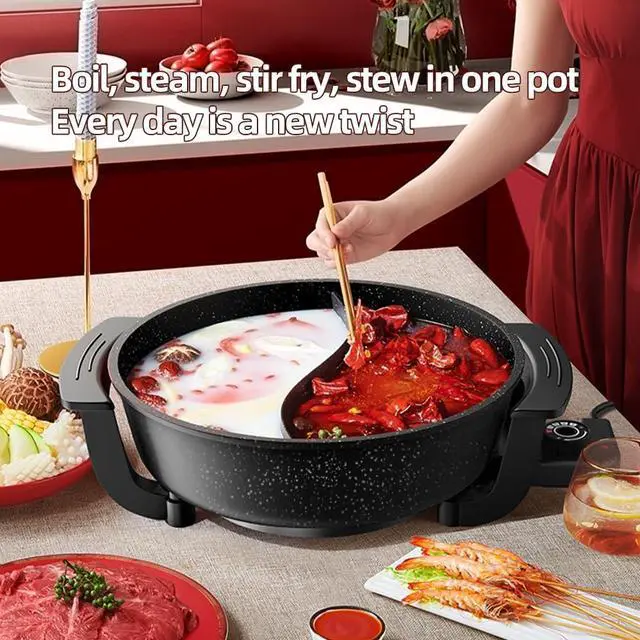 Alt view image 3 of 7 - 6L Electric Hot Pot, Non-Stick Smokeless Cooking Pot with Divider for Hot Pot, Fondue, Shabu Shabu, Multi-Function, Includes Ladle, Tongs, Oil Brush, Food Tongs, Easy to Clean Black