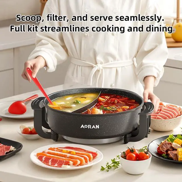 Alt view image 6 of 7 - 6L Electric Hot Pot, Non-Stick Smokeless Cooking Pot with Divider for Hot Pot, Fondue, Shabu Shabu, Multi-Function, Includes Ladle, Tongs, Oil Brush, Food Tongs, Easy to Clean Black