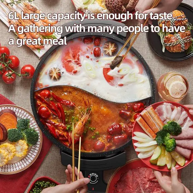 Alt view image 2 of 7 - 6L Electric Hot Pot, Non-Stick Smokeless Cooking Pot with Divider for Hot Pot, Fondue, Shabu Shabu, Multi-Function, Includes Ladle, Tongs, Oil Brush, Food Tongs, Easy to Clean Black