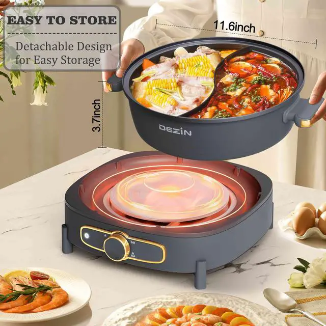 Alt view image 4 of 7 - Hot Pot Electric with Divider, 6L Double-Flavor Shabu Shabu Pot, Dual Sided Removable Non-Stick Hotpot Pot Electric, 3" Depth Chinese Hot Pot with Multi-Power Control, 2 Silicone Ladles Included