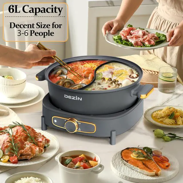 Alt view image 5 of 7 - Hot Pot Electric with Divider, 6L Double-Flavor Shabu Shabu Pot, Dual Sided Removable Non-Stick Hotpot Pot Electric, 3" Depth Chinese Hot Pot with Multi-Power Control, 2 Silicone Ladles Included