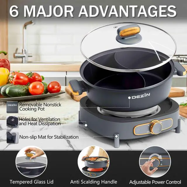 Alt view image 7 of 7 - Hot Pot Electric with Divider, 6L Double-Flavor Shabu Shabu Pot, Dual Sided Removable Non-Stick Hotpot Pot Electric, 3" Depth Chinese Hot Pot with Multi-Power Control, 2 Silicone Ladles Included