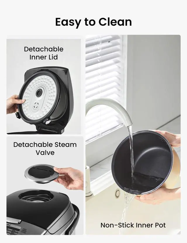 Alt view image 7 of 7 - Rice Cooker 12 Cups Cooked/6 Cups Uncooked, Portable Non-Stick Japanese Rice Maker with Fuzzy Logic Technology, 24-Hour Timer Delay, 11 Presets, Steamer, Fast Grain Cooker, Black