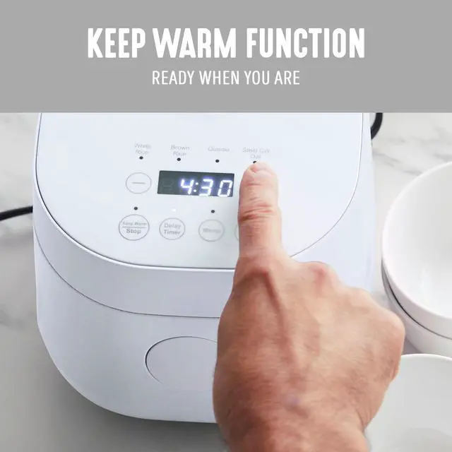 Alt view image 6 of 7 - Digital Rice Cooker, 2-Cups Uncooked/4-Cups Cooked, Removable Nonstick Ceramic PFAS-Free Pot, One-Touch Presets, Oats, Quinoa, Brown Rice, Auto Keep Warm, Fuzzy Logic Tech, 1.5QT, White