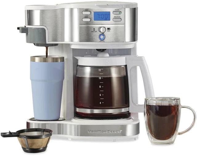 Main image of Hamilton Beach 2-Way Programmable Coffee Maker & Single Serve Coffee Maker | 12 Cup Glass Carafe | White with Stainless Steel Accents | 49933