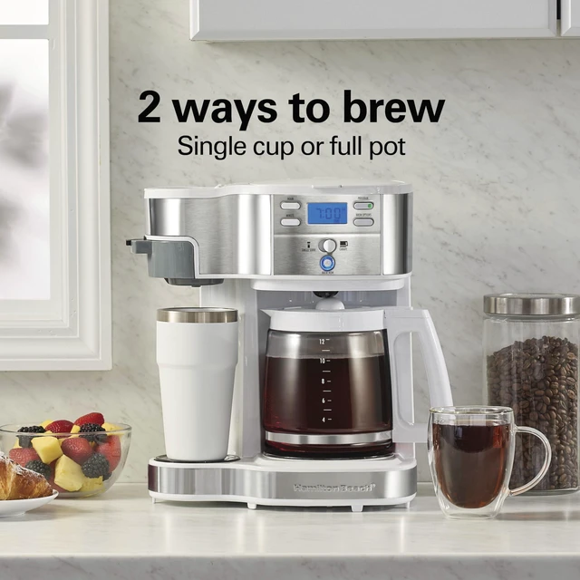 Alt view image 2 of 7 - Hamilton Beach 2-Way Programmable Coffee Maker & Single Serve Coffee Maker | 12 Cup Glass Carafe | White with Stainless Steel Accents | 49933