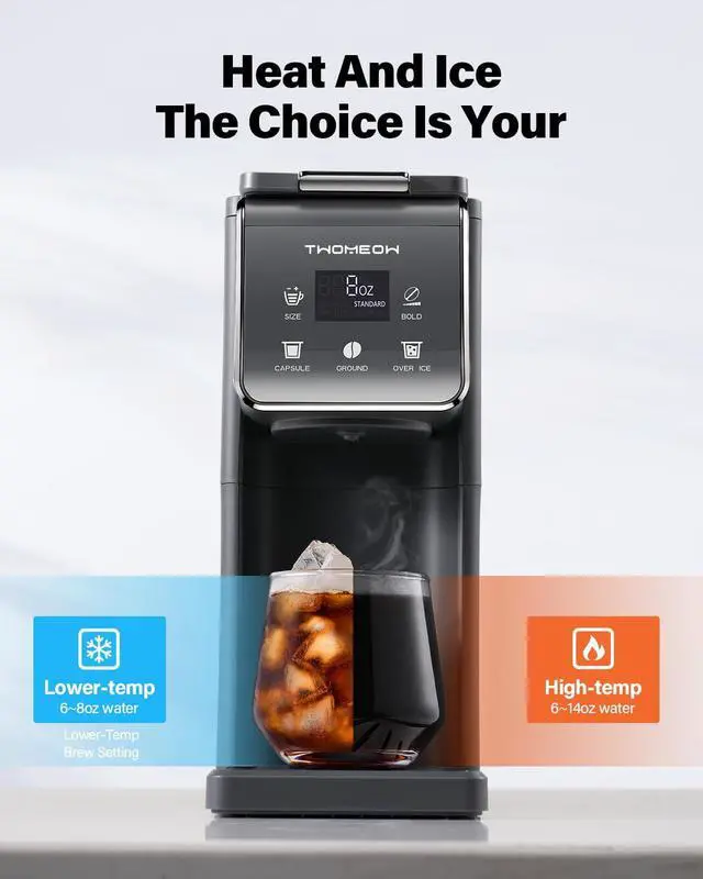 Alt view image 2 of 7 - K Cup Coffee Maker With Bold Setting, Single Serve Hot & Iced Coffee Maker for K-Cup and Grounds, 52oz Removable Water Tank, 6 to14oz Brew Sizes, Pod Coffee Machine With Reusable Filter, Gray