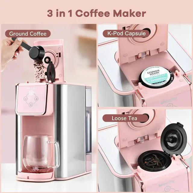 Alt view image 3 of 7 - Pink Coffee Maker 3-in-1 Single Serve Coffee Machine, For Flat Bottom Coffee Capsule, Ground Coffee, 6 to 10 Ounce Cup, Removable 50 Oz Water Reservoir, 120V 1150W