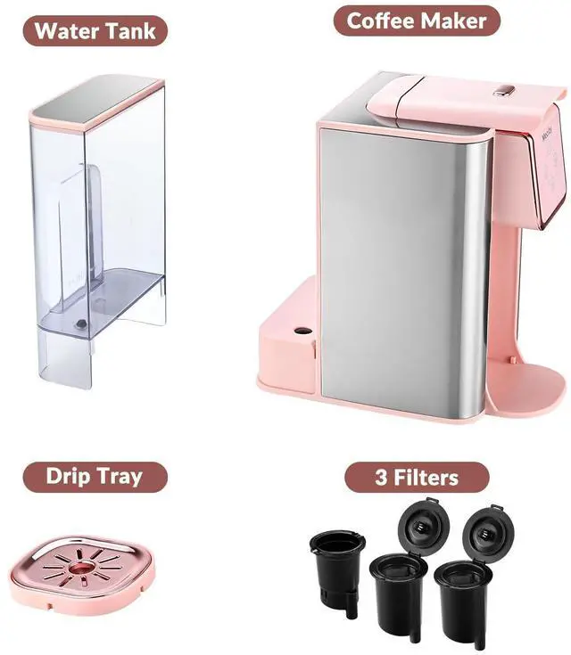 Alt view image 7 of 7 - Pink Coffee Maker 3-in-1 Single Serve Coffee Machine, For Flat Bottom Coffee Capsule, Ground Coffee, 6 to 10 Ounce Cup, Removable 50 Oz Water Reservoir, 120V 1150W