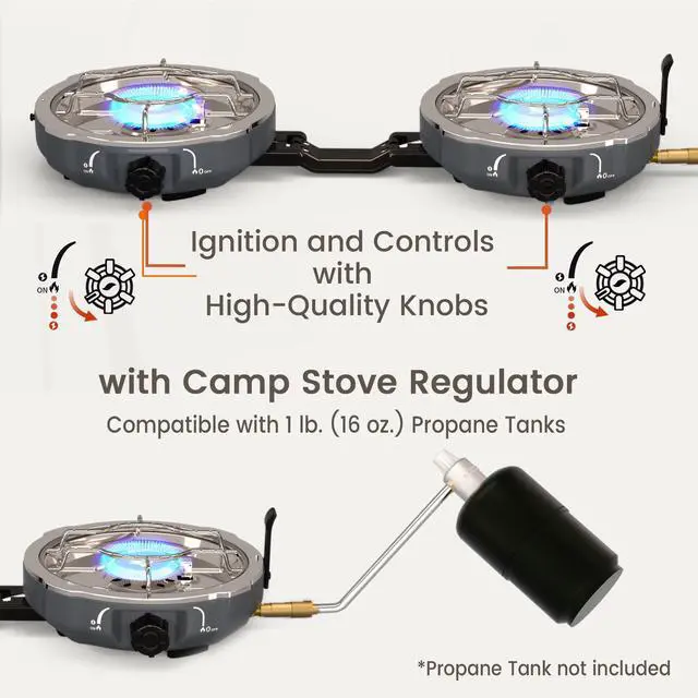Alt view image 2 of 7 - 20,000 BTUs 2 Burner Propane Camping Stove, Portable Folding Camp Stove with Adjustable Burners, Built-in Ignition and Carrying Bag, Dual Gas Stoves for Tailgating, Camping, BBQ Overland Grey