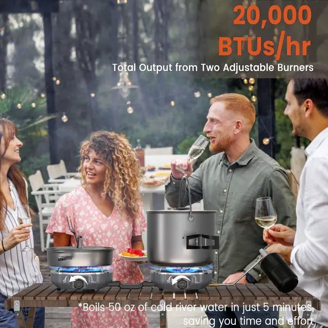 Alt view image 3 of 7 - 20,000 BTUs 2 Burner Propane Camping Stove, Portable Folding Camp Stove with Adjustable Burners, Built-in Ignition and Carrying Bag, Dual Gas Stoves for Tailgating, Camping, BBQ Overland Grey