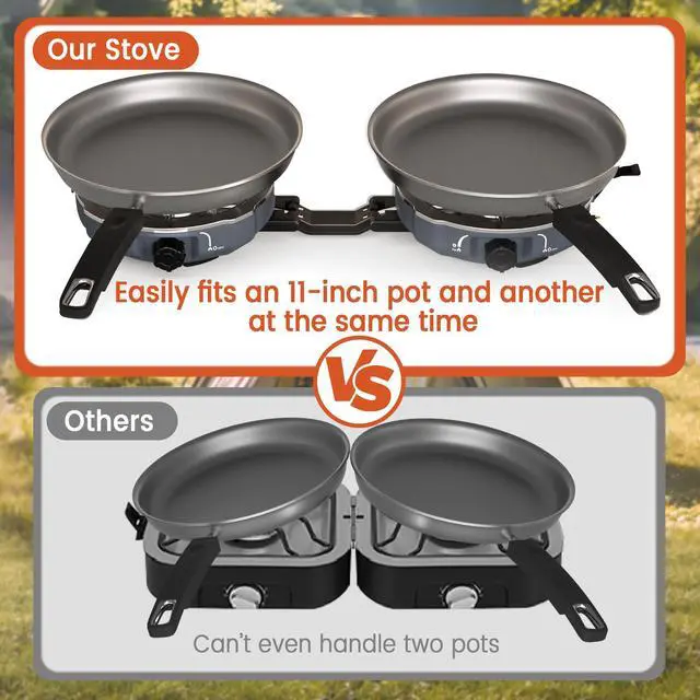 Alt view image 4 of 7 - 20,000 BTUs 2 Burner Propane Camping Stove, Portable Folding Camp Stove with Adjustable Burners, Built-in Ignition and Carrying Bag, Dual Gas Stoves for Tailgating, Camping, BBQ Overland Grey