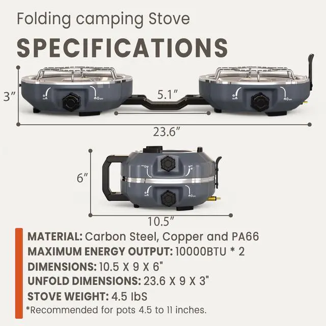 Alt view image 6 of 7 - 20,000 BTUs 2 Burner Propane Camping Stove, Portable Folding Camp Stove with Adjustable Burners, Built-in Ignition and Carrying Bag, Dual Gas Stoves for Tailgating, Camping, BBQ Overland Grey