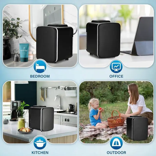 Alt view image 3 of 7 - Mini Fridge, 4L/6 Can Portable Cooler & Warmer Freon-Free Small Refrigerator Provide Compact Storage for Skincare, Beverage, Food, Cosmetics, 4 L, Black