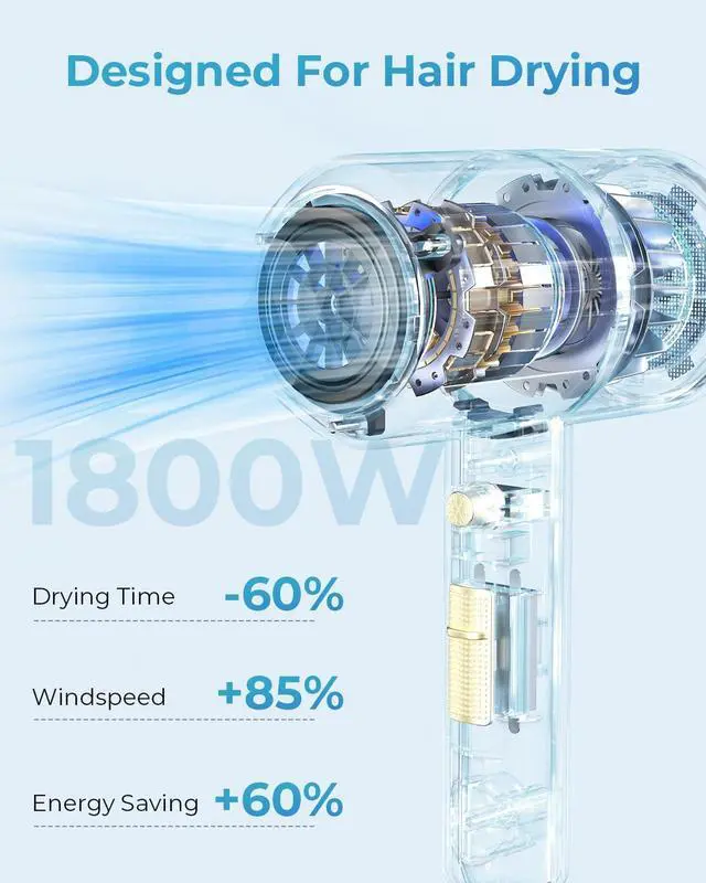 Alt view image 2 of 7 - Lightweight Ionic Hair Dryer with Diffuser - Powerful 1800W Blow Dryer for Fast Drying - Professional Low Noise Mini Hair Dryer for Travel, Gifts, Hair Styling (Black)