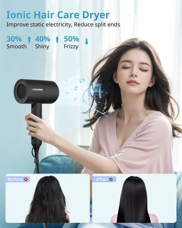Alt view image 6 of 7 - Lightweight Ionic Hair Dryer with Diffuser - Powerful 1800W Blow Dryer for Fast Drying - Professional Low Noise Mini Hair Dryer for Travel, Gifts, Hair Styling (Black)