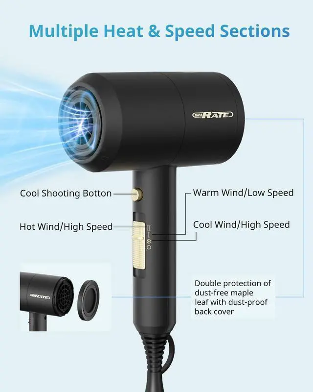Alt view image 7 of 7 - Lightweight Ionic Hair Dryer with Diffuser - Powerful 1800W Blow Dryer for Fast Drying - Professional Low Noise Mini Hair Dryer for Travel, Gifts, Hair Styling (Black)