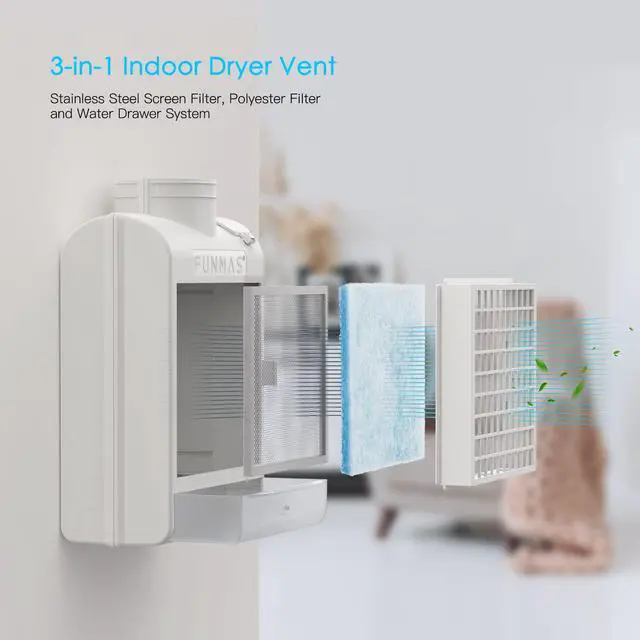 Alt view image 2 of 7 - 3-in-1 Indoor Dryer Vent, Stainless Steel Screen Filter, Polyester Filter and Water Drawer System, Upgrade Safety Vent Flap, with 4 Pieces Polyester Filters, For Electric Clothes Dryers