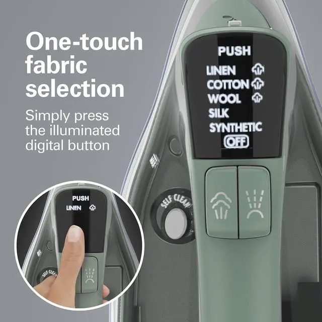 Alt view image 3 of 5 - Steam Iron & Vertical Steamer for Clothes with Scratch-Resistant Durathon Soleplate, Digital Fabric Selector + 8 Retractable Cord, 3-Way Auto Shutoff, Anti-Drip, 1800 Watts, Green