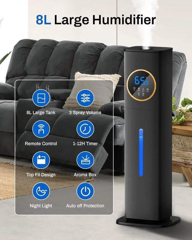 Alt view image 3 of 7 - Humidifier Large Room Bedroom with Night Light, 2.1Gal(8L) Humidifiers for Home with Essential Oil Diffuser, Top Fill Whole House Cool Mist Humidifiers for Plants Baby Kids Adults(Black)