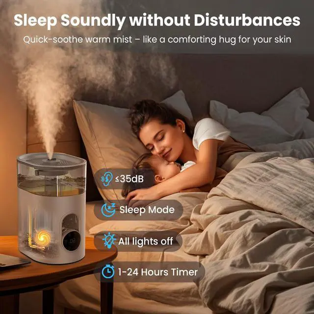 Alt view image 4 of 7 - Humidifiers for Bedroom Large Room Home - GloryAir 6L Quiet Top Fill Cool & Warm Mist Humidifier with Smart Humidity Control, Remote Control, 7-Color Light, Humidistat, Oil Diffuser for Plants & Baby