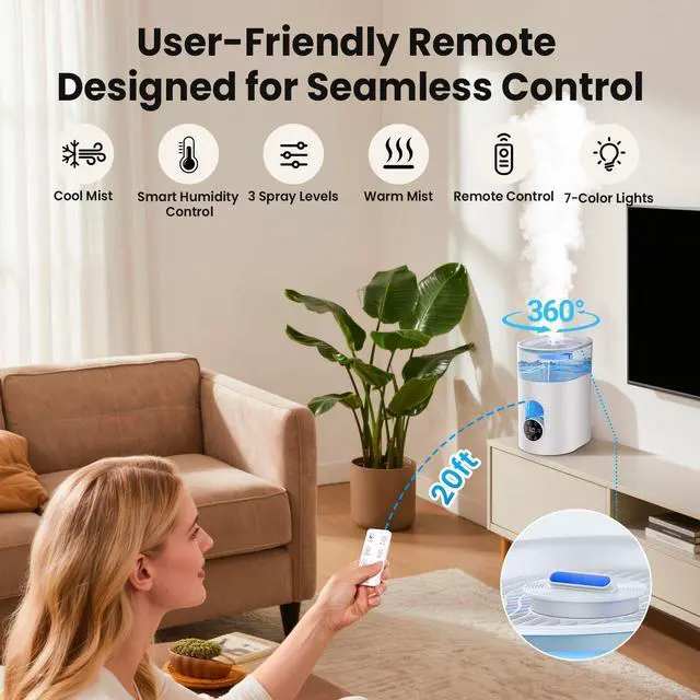 Alt view image 6 of 7 - Humidifiers for Bedroom Large Room Home - GloryAir 6L Quiet Top Fill Cool & Warm Mist Humidifier with Smart Humidity Control, Remote Control, 7-Color Light, Humidistat, Oil Diffuser for Plants & Baby