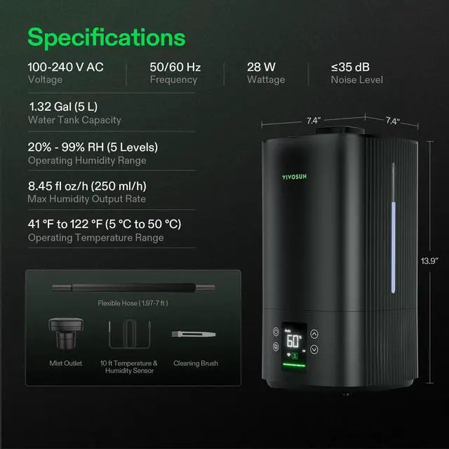 Alt view image 4 of 4 - AeroStream H05 Intelligent Wi-Fi Humidifier, 1.32 Gal / 5 L Humidifier with Temp & Humidity Probe, Smart Remote Control, Designed for Growers