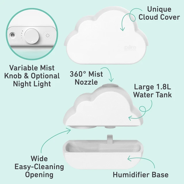 Alt view image 4 of 7 - PureBaby Cloud Ultrasonic Cool Mist Humidifier | Quiet Variable Mist For Up to 24 Hrs, Color Night Light, BPA-Free, Ideal for Baby, Nurseries, and More