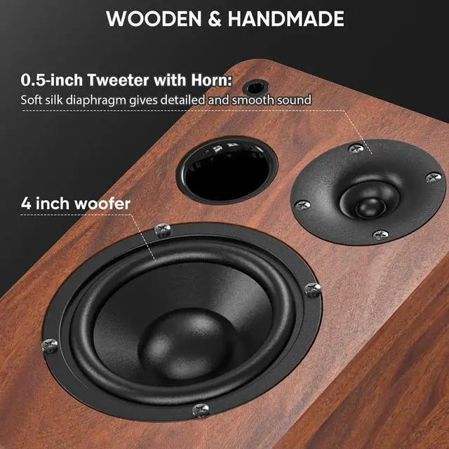 Alt view image 4 of 7 - Bluetooth Bookshelf Speakers, 40W X 2 Powered TV Speakers with 4 Inch Woofer, Turntable Speakers with Optical/AUX Input/Subwoofer Line Out for PC and TVs