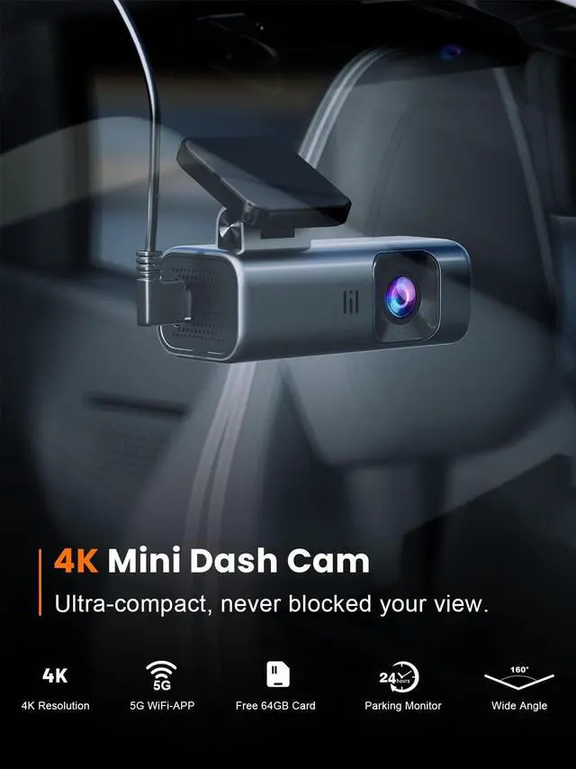 Alt view image 2 of 6 - 4K Dash Cam Front, Built-in 5G WiFi, 64GB Card Included, Dash Camera for Cars, Mini Dashcam with Super Night Vision, Loop Recording, G-Sensor, 24 Hours Parking Monitor, Support 256GB Max