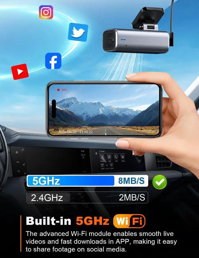 Alt view image 4 of 6 - 4K Dash Cam Front, Built-in 5G WiFi, 64GB Card Included, Dash Camera for Cars, Mini Dashcam with Super Night Vision, Loop Recording, G-Sensor, 24 Hours Parking Monitor, Support 256GB Max