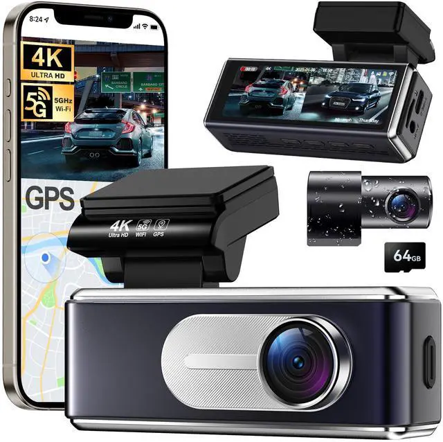Main image of Dash Cam Front and Rear - 4K HD Dual Dash Camera for Cars, Built-in 5G WiFi GPS, 64GB Card, Dashcam with 3.2" IPS Screen, UHD Night Vision, HDR, App Control, 24H Parking Monitor
