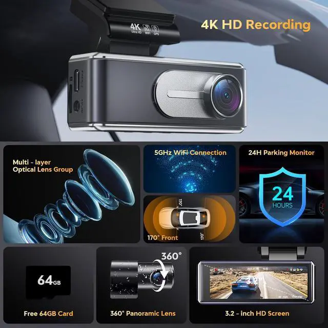 Alt view image 2 of 7 - Dash Cam Front and Rear - 4K HD Dual Dash Camera for Cars, Built-in 5G WiFi GPS, 64GB Card, Dashcam with 3.2" IPS Screen, UHD Night Vision, HDR, App Control, 24H Parking Monitor