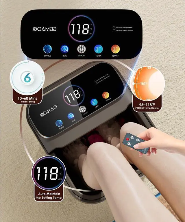 Alt view image 4 of 7 - Collapsible Foot Spa with Heat, Bubble,Temp Control,Remote Control, Color Touch Screen Foot Bath Massager with 6 Massage Rollers,Foot Soaking Tub,Pedicure Foot spa for Stress Relief (Deep Grey)