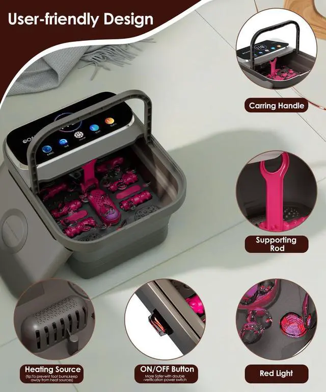 Alt view image 5 of 7 - Collapsible Foot Spa with Heat, Bubble,Temp Control,Remote Control, Color Touch Screen Foot Bath Massager with 6 Massage Rollers,Foot Soaking Tub,Pedicure Foot spa for Stress Relief (Deep Grey)