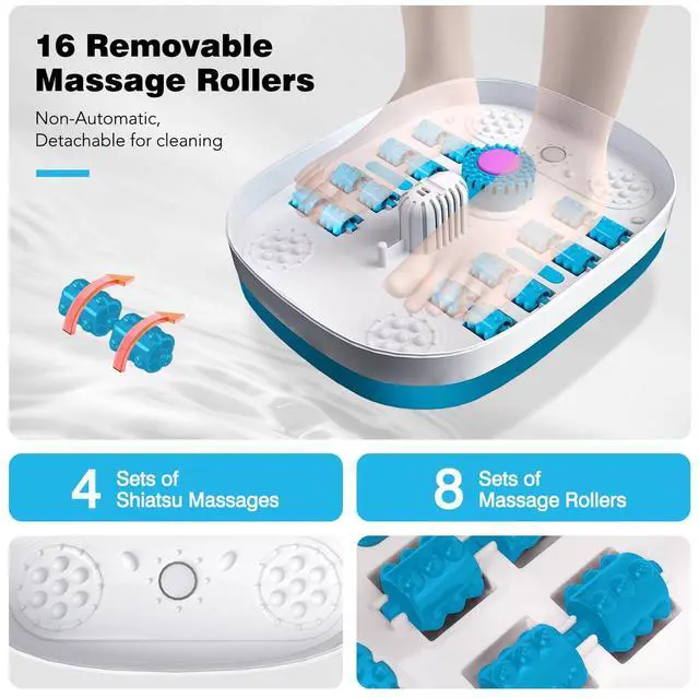 Alt view image 4 of 7 - Collapsible Foot Spa with Heat, Remote Control, Temperature Control, Bubbles, Pumice Stone, Red Light, Timer, 16 Massage Roller Pedicure Foot Bath Tub Foot Soaker for Relaxation & Stress Relief
