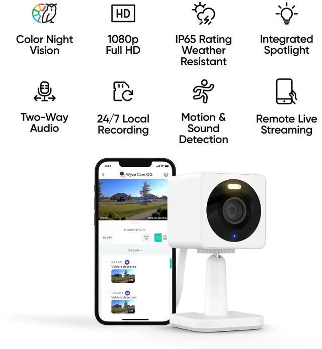 Alt view image 2 of 7 - WYZE Cam OG Indoor/Outdoor 1080p Wi-Fi Smart Home Security Camera with Color Night Vision, Wired, Motion Detection, 2-Way Audio, Compatible with Alexa & Google, White (2-Pack), Free Expert Setup