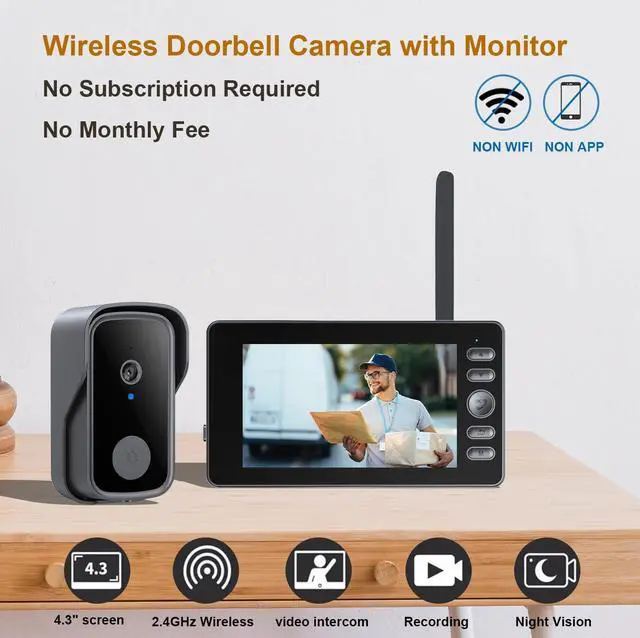 Alt view image 2 of 7 - Doorbell Camera Wireless No Subscription Video Doorbell, Bidirectional Wake-up, Two-Way Intercom, 1080P Video, 4.3 Screen, 120° Angle, No APP, No WiFi
