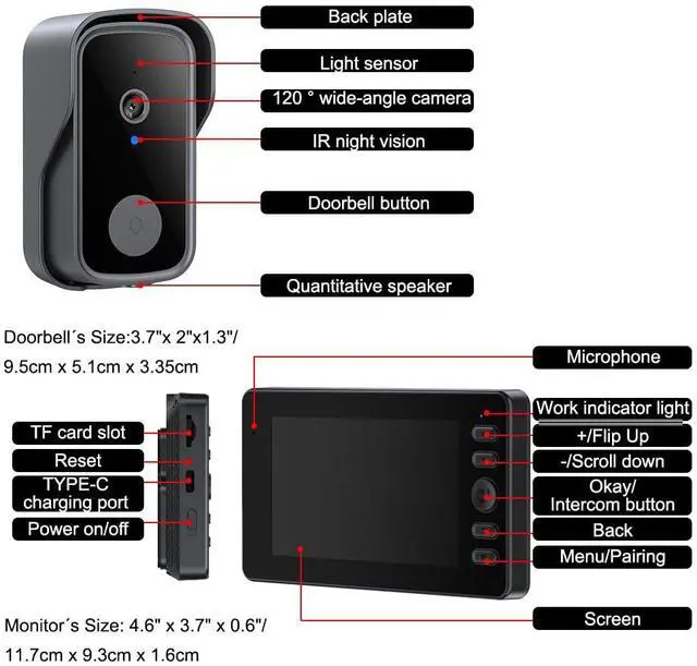 Alt view image 7 of 7 - Doorbell Camera Wireless No Subscription Video Doorbell, Bidirectional Wake-up, Two-Way Intercom, 1080P Video, 4.3 Screen, 120° Angle, No APP, No WiFi