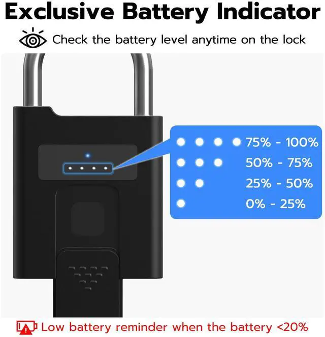 Alt view image 7 of 7 - Fingerprint Padlock with Key Backup, Heavy Duty Weatherproof Bluetooth Biometric Keyless Electronic Digital Smart Pad Lock for Gate Outdoor Fence Gym Locker Pool Shed Storage