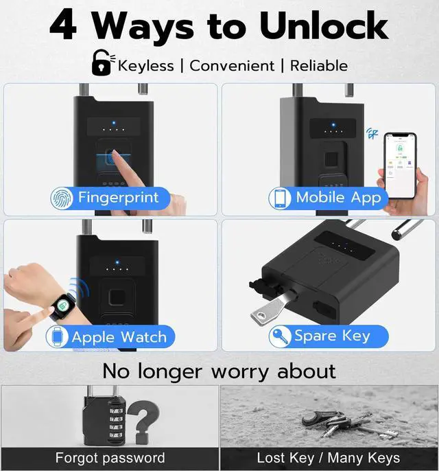 Alt view image 3 of 7 - Fingerprint Padlock with Key Backup, Heavy Duty Weatherproof Bluetooth Biometric Keyless Electronic Digital Smart Pad Lock for Gate Outdoor Fence Gym Locker Pool Shed Storage