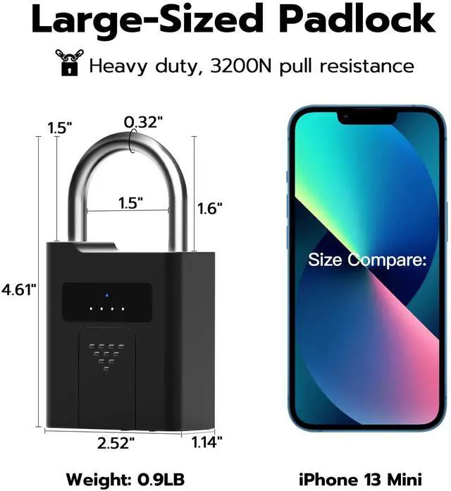 Alt view image 2 of 7 - Fingerprint Padlock with Key Backup, Heavy Duty Weatherproof Bluetooth Biometric Keyless Electronic Digital Smart Pad Lock for Gate Outdoor Fence Gym Locker Pool Shed Storage